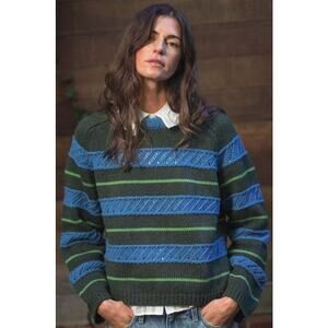 Chic Striped Blue and Green Crew Neck Sweater